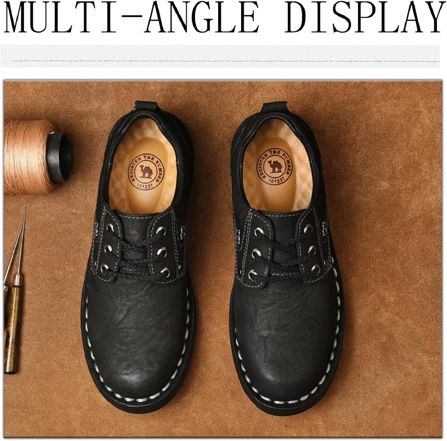 Men's Genuine Leather Lace-Up Loafers Hand Stitching Retro Comfortable Round Toe Anti-Slip Soft Bottom Casual Sneakers for Driving Working Walking Shoes