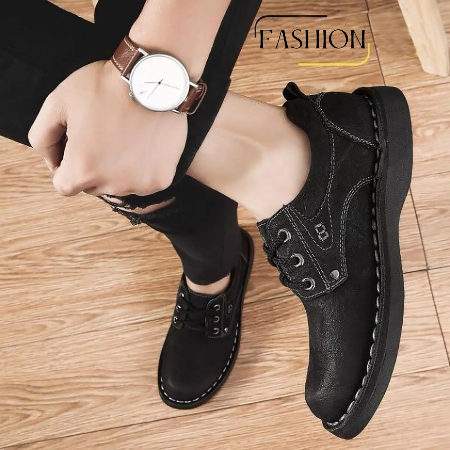 Men's Genuine Leather Lace-Up Loafers Hand Stitching Retro Comfortable Round Toe Anti-Slip Soft Bottom Casual Sneakers for Driving Working Walking Shoes