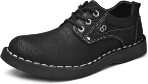 Men's Genuine Leather Lace-Up Loafers Hand Stitching Retro Comfortable Round Toe Anti-Slip Soft Bottom Casual Sneakers for Driving Working Walking Shoes