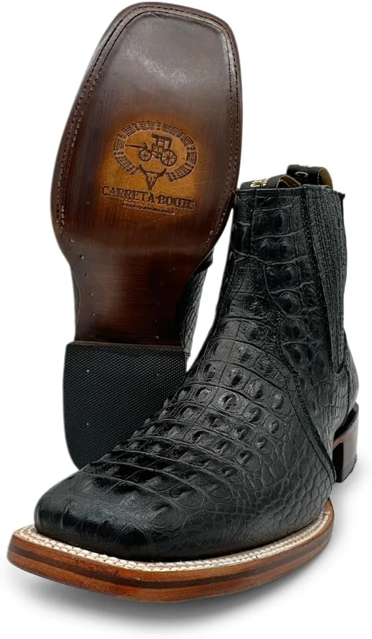 Mens Leather Short Ankle Cowboy Boot With Embossed Crocodile Print