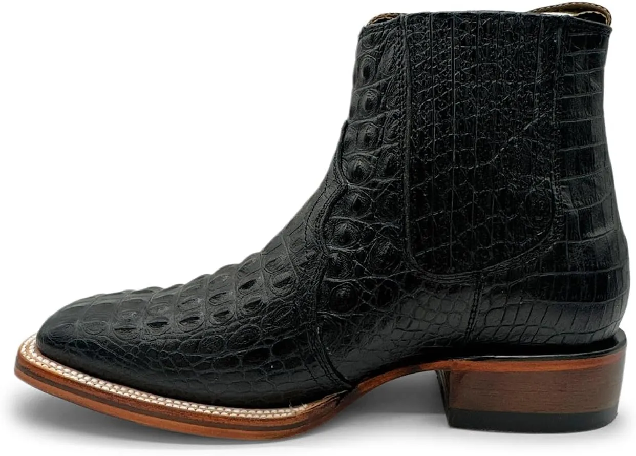 Mens Leather Short Ankle Cowboy Boot With Embossed Crocodile Print