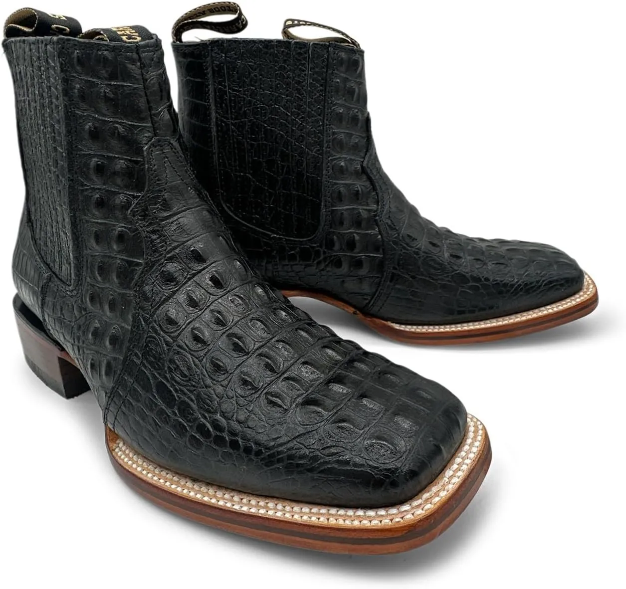 Mens Leather Short Ankle Cowboy Boot With Embossed Crocodile Print