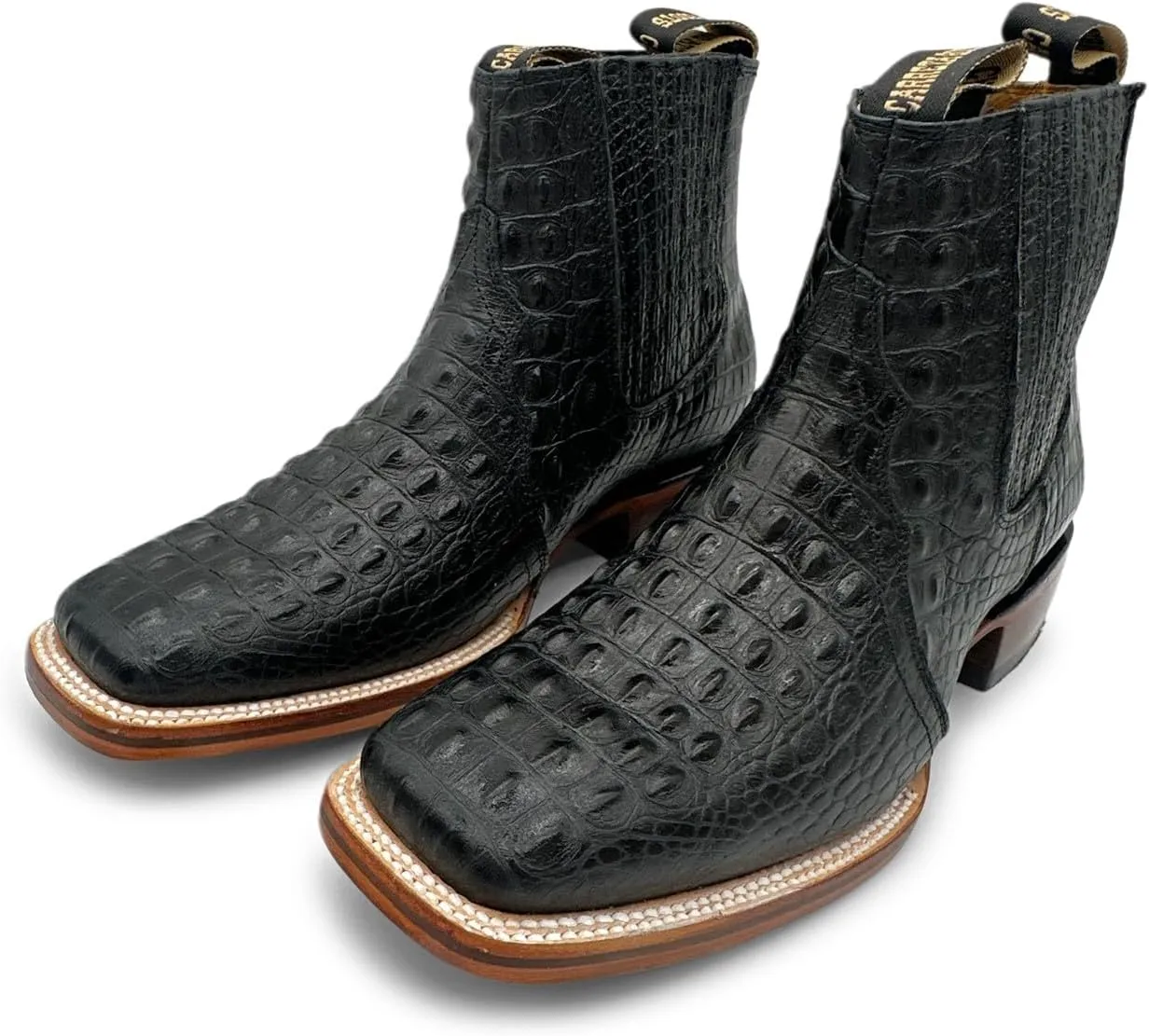 Mens Leather Short Ankle Cowboy Boot With Embossed Crocodile Print