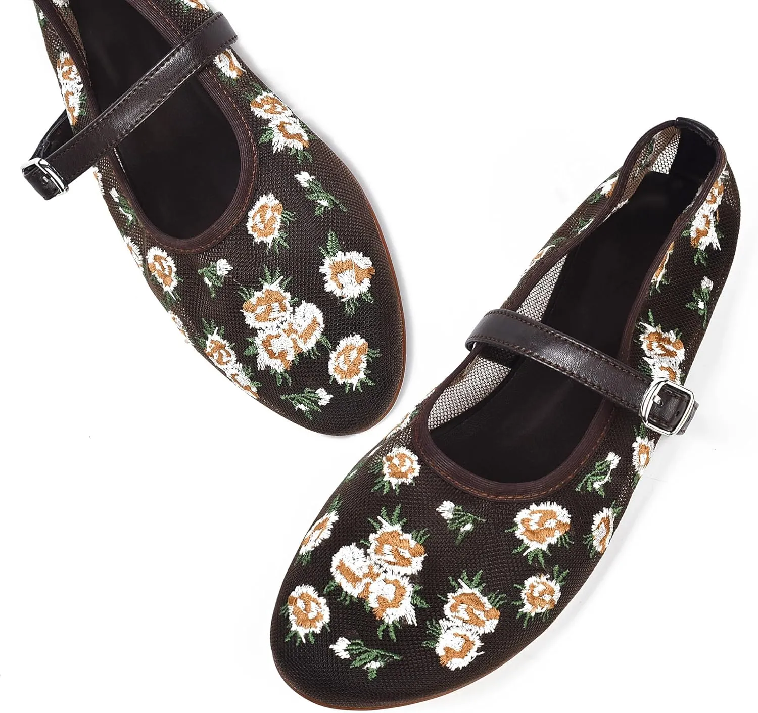 Mesh Flats for Women Flowered Ballet Flats with Embroidered Floral Ballerinas Flats Shoes Mary Jane Flat Comfortable Dress Shoes Daily Shoes