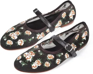 Mesh Flats for Women Flowered Ballet Flats with Embroidered Floral Ballerinas Flats Shoes Mary Jane Flat Comfortable Dress Shoes Daily Shoes