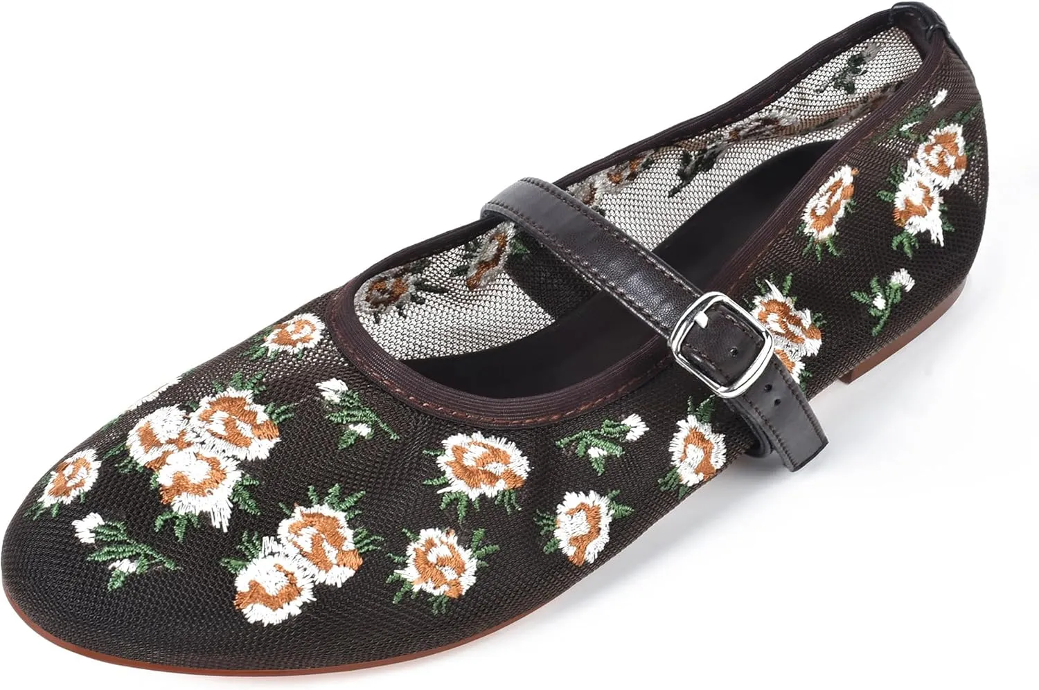 Mesh Flats for Women Flowered Ballet Flats with Embroidered Floral Ballerinas Flats Shoes Mary Jane Flat Comfortable Dress Shoes Daily Shoes
