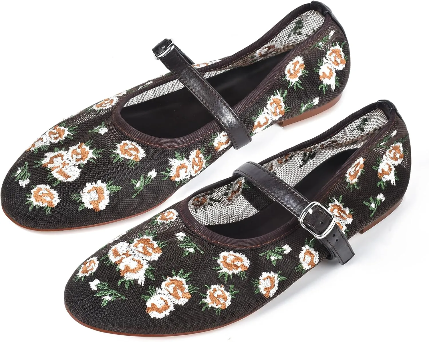 Mesh Flats for Women Flowered Ballet Flats with Embroidered Floral Ballerinas Flats Shoes Mary Jane Flat Comfortable Dress Shoes Daily Shoes