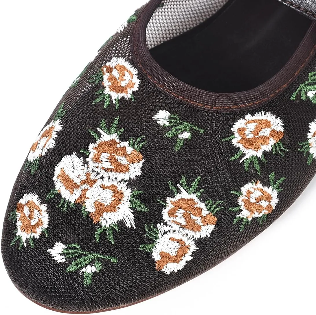Mesh Flats for Women Flowered Ballet Flats with Embroidered Floral Ballerinas Flats Shoes Mary Jane Flat Comfortable Dress Shoes Daily Shoes