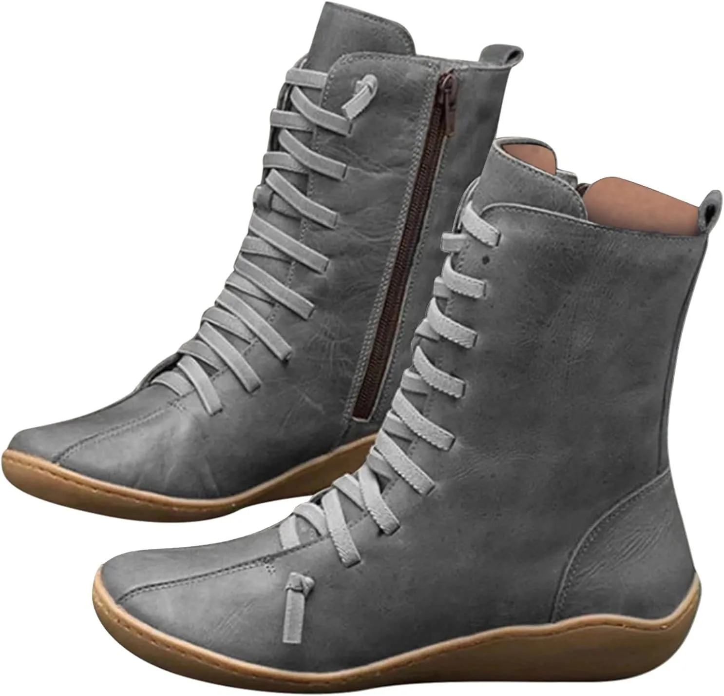 Mid Calf Boots for Women Flat Boots for Women Comfy Round Toe Lace up Flat Bottom Side Zipper Fashion Women Boots