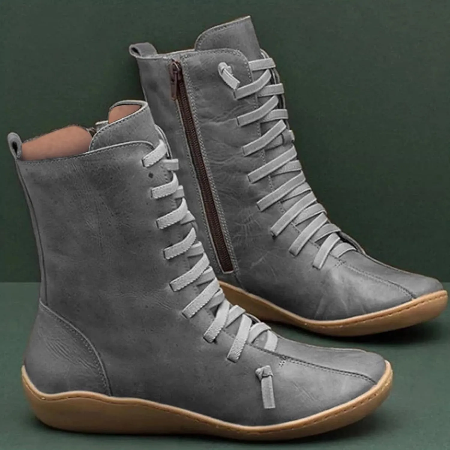 Mid Calf Boots for Women Flat Boots for Women Comfy Round Toe Lace up Flat Bottom Side Zipper Fashion Women Boots