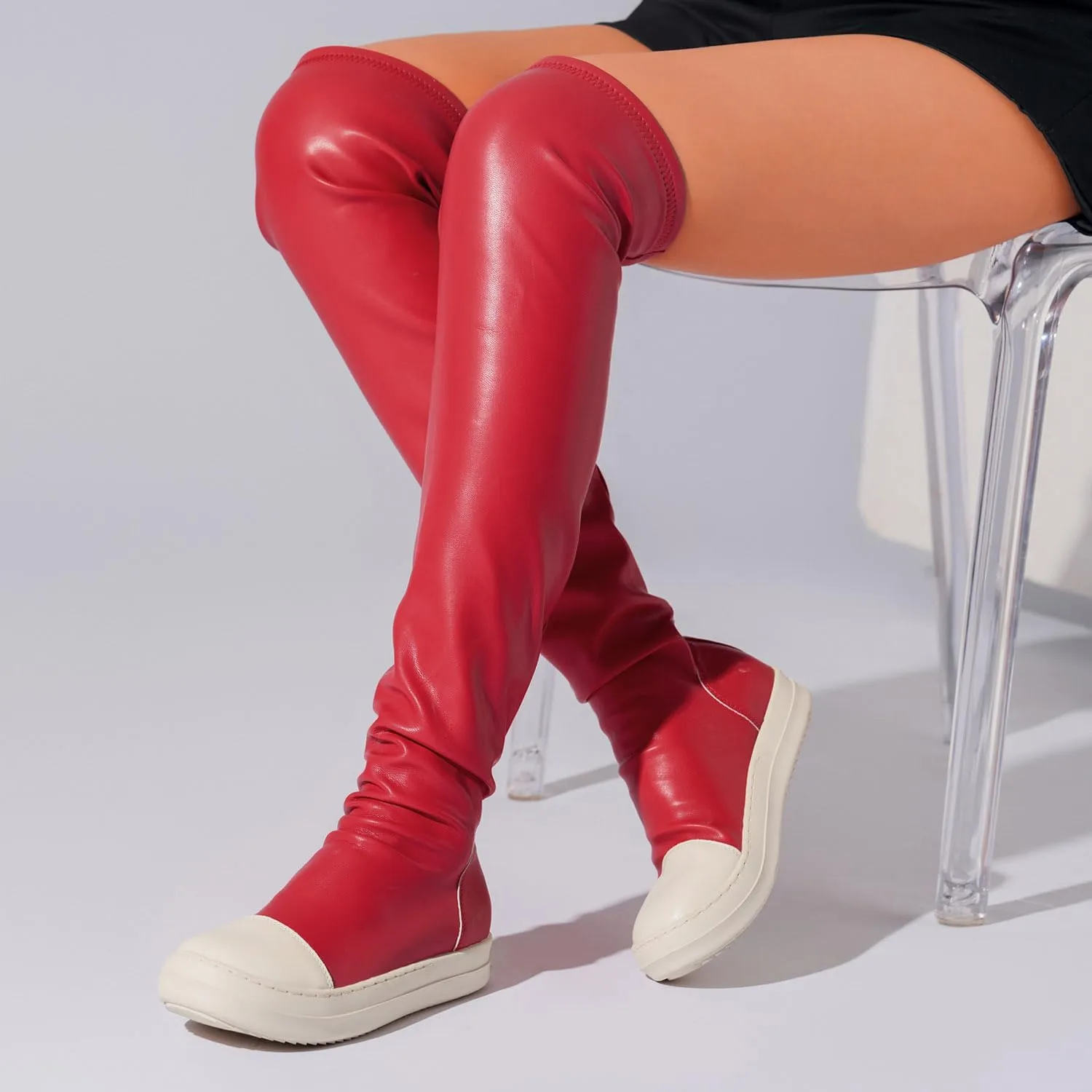 MOFEEDOUKA Thigh High Boots for Women Flat Over The Knee Round Toe Booties