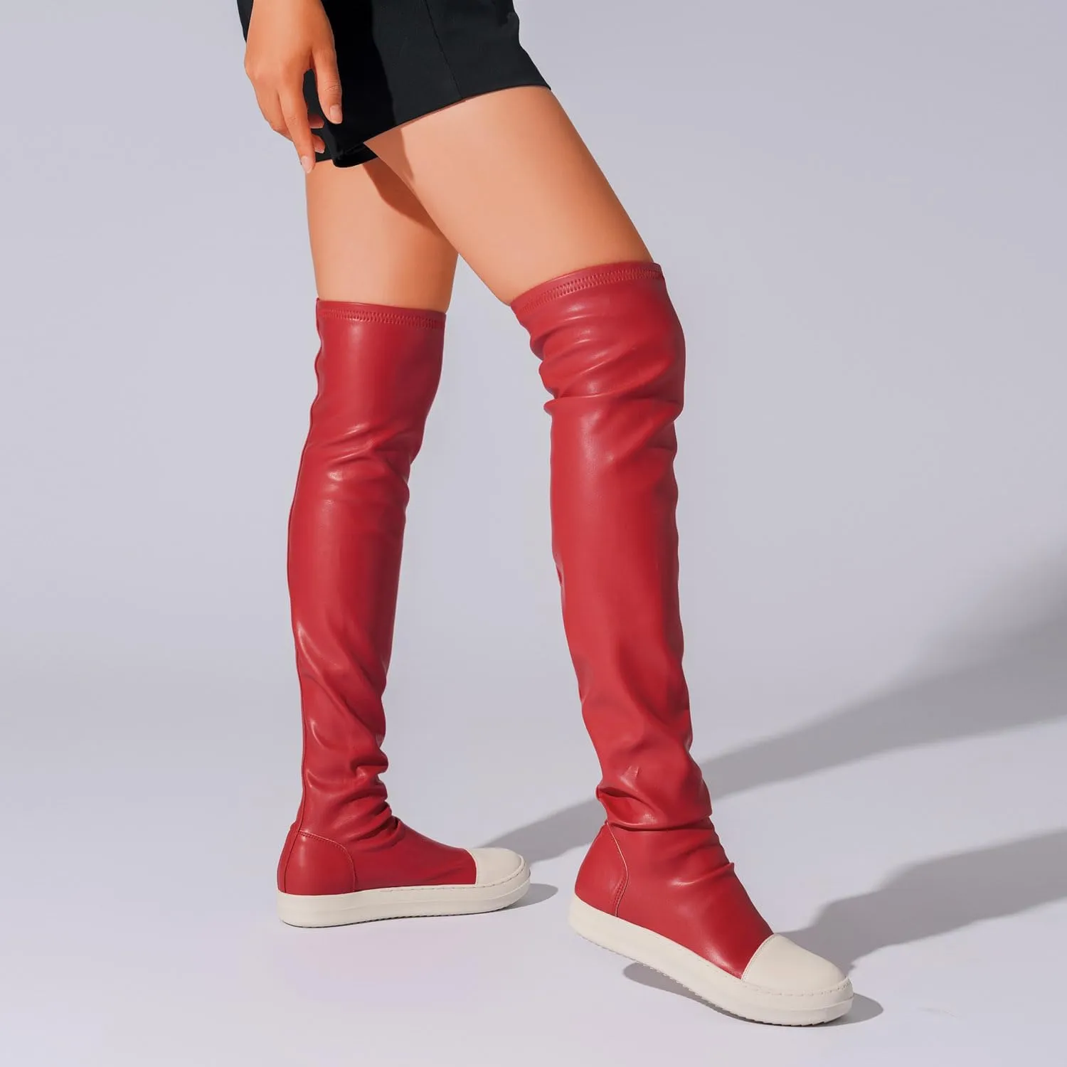MOFEEDOUKA Thigh High Boots for Women Flat Over The Knee Round Toe Booties