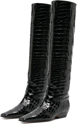 MOOMMO Women Flat Heel Knee High Boots Square Toe Pull On Long Boots Suede Slouch Low Heel Dress Boots Wide Calf Pleated Knee High Tall Boots Comfort Vintage Casual Walking Party 4-11 M US
