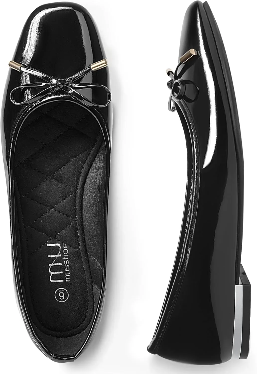MUSSHOE Women's Ballet Flats Shoes Dressy Comfortable Square Toe Patent Flat with Bow