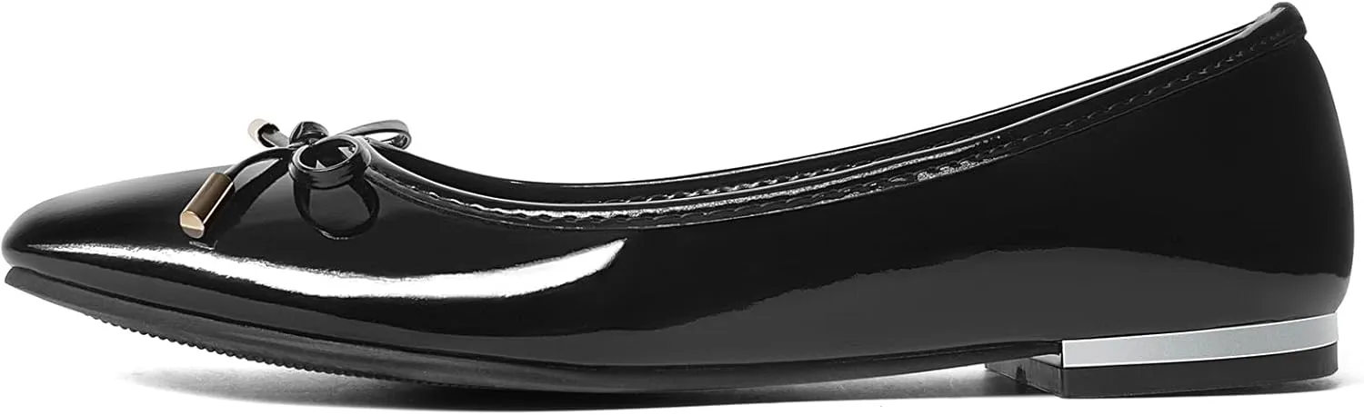 MUSSHOE Women's Ballet Flats Shoes Dressy Comfortable Square Toe Patent Flat with Bow