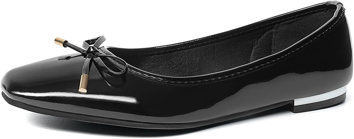 MUSSHOE Women's Ballet Flats Shoes Dressy Comfortable Square Toe Patent Flat with Bow