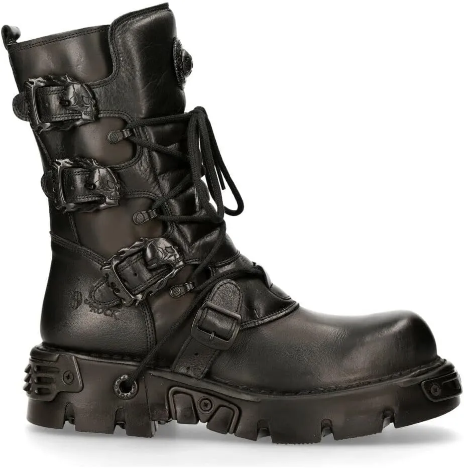 New Rock Women's Metallic 391 Black Reactor Skull Devil Goth Punk Leather Calf Boots