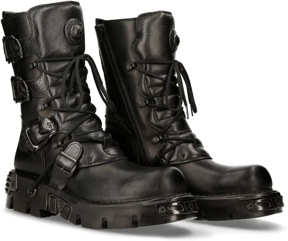 New Rock Women's Metallic 391 Black Reactor Skull Devil Goth Punk Leather Calf Boots
