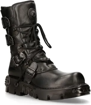 New Rock Women's Metallic 391 Black Reactor Skull Devil Goth Punk Leather Calf Boots