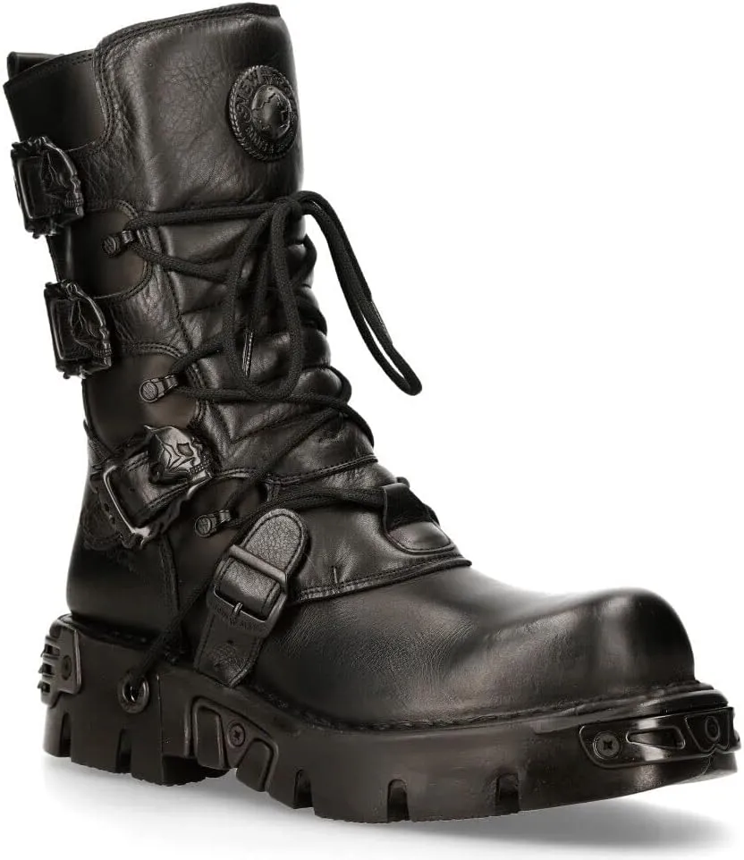 New Rock Women's Metallic 391 Black Reactor Skull Devil Goth Punk Leather Calf Boots