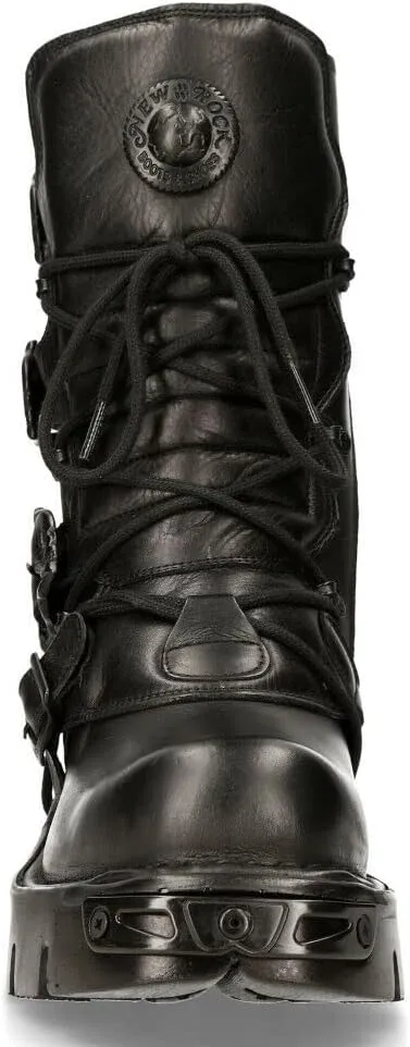 New Rock Women's Metallic 391 Black Reactor Skull Devil Goth Punk Leather Calf Boots