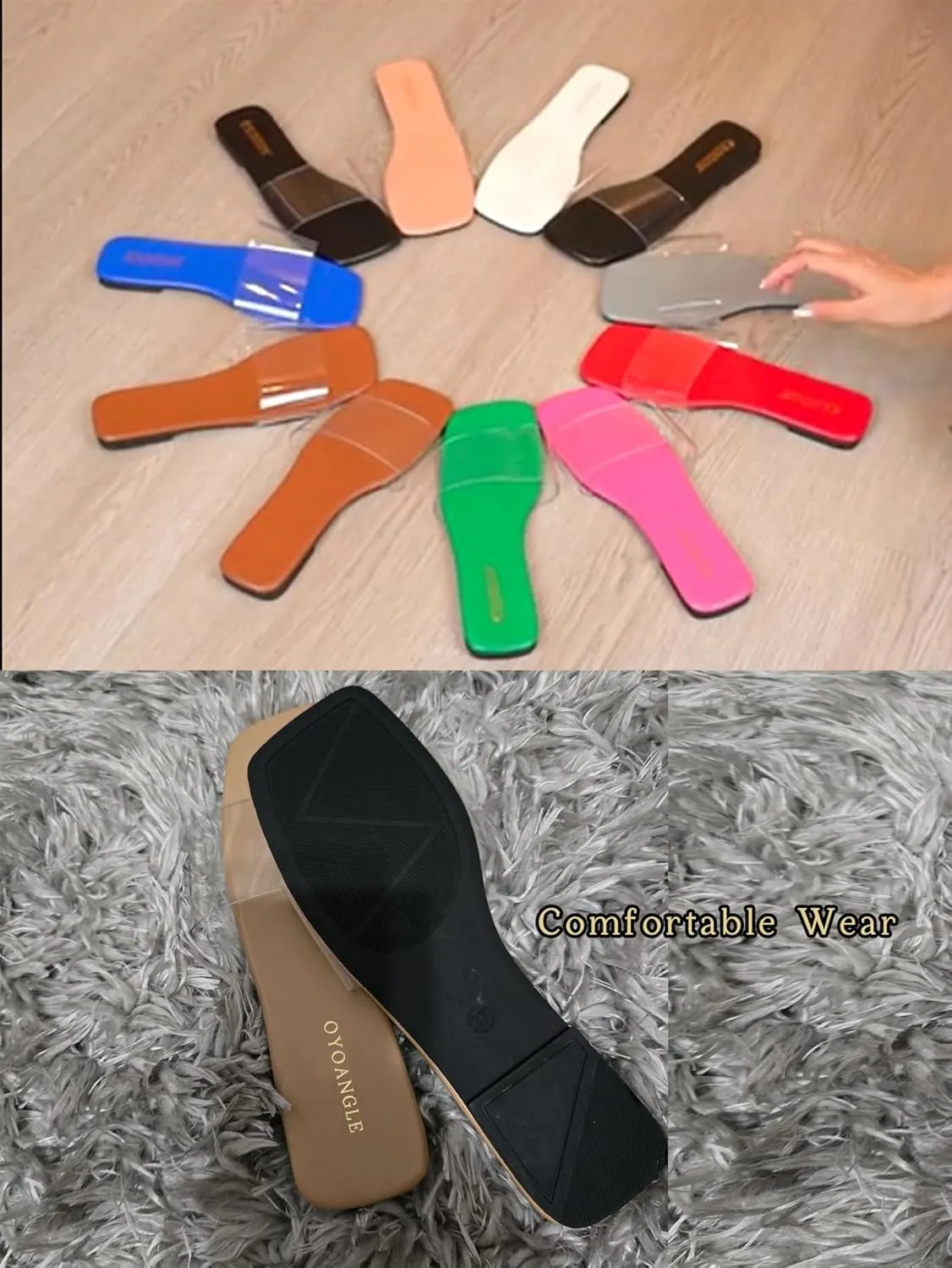 OYOANGLE Women's Clear Square Open Toe Sandals Pu Leather Flat Slide On Sandals Transparent Outdoor Slippers