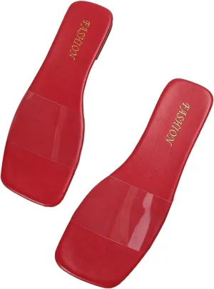 OYOANGLE Women's Clear Square Open Toe Sandals Pu Leather Flat Slide On Sandals Transparent Outdoor Slippers