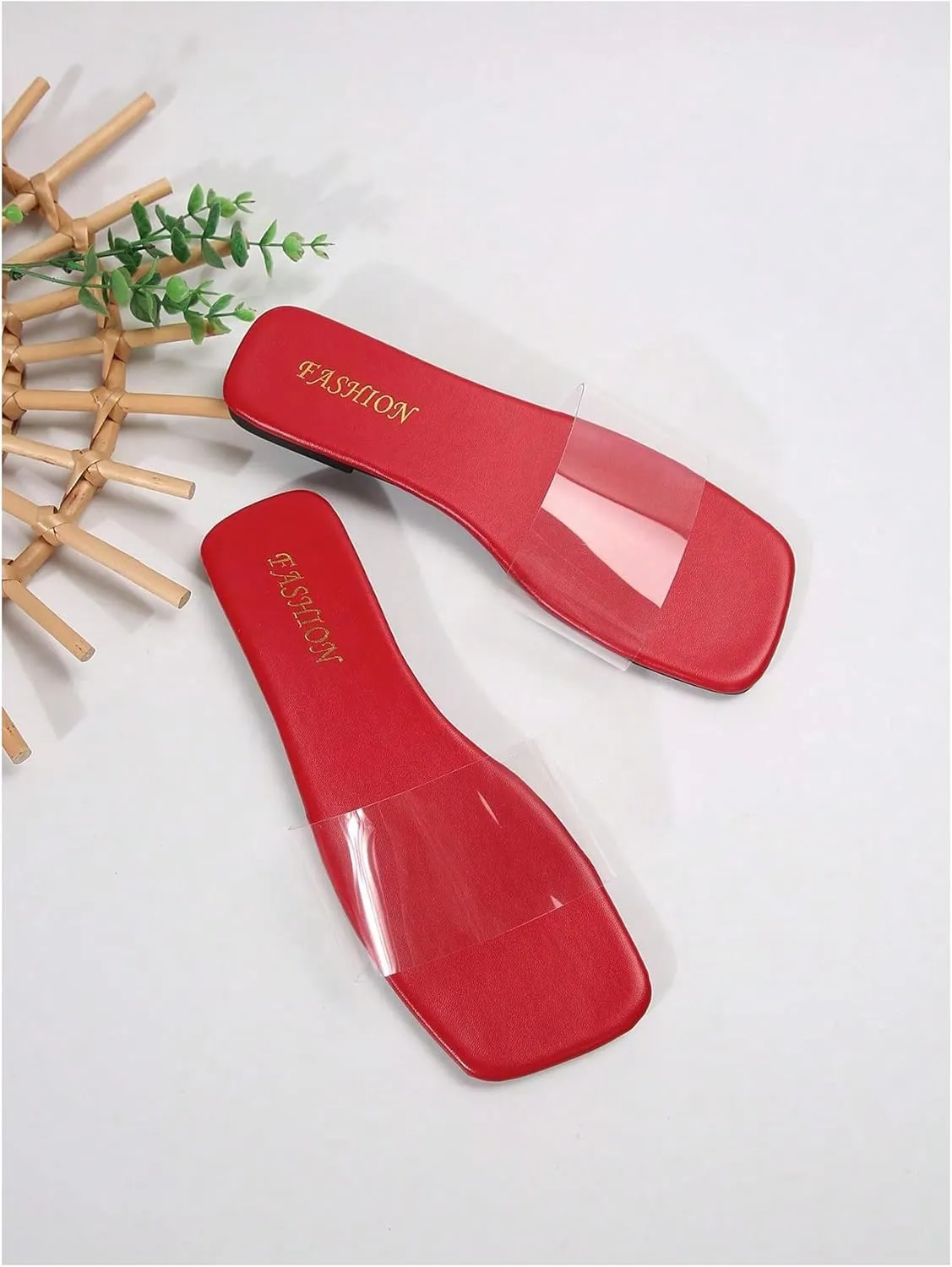 OYOANGLE Women's Clear Square Open Toe Sandals Pu Leather Flat Slide On Sandals Transparent Outdoor Slippers