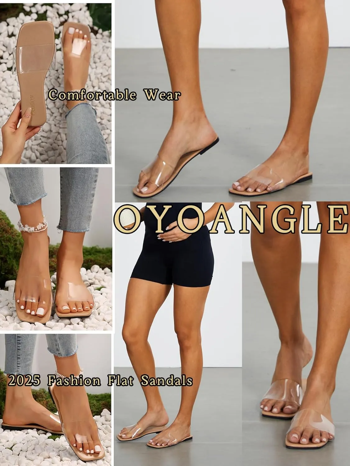 OYOANGLE Women's Clear Square Open Toe Sandals Pu Leather Flat Slide On Sandals Transparent Outdoor Slippers