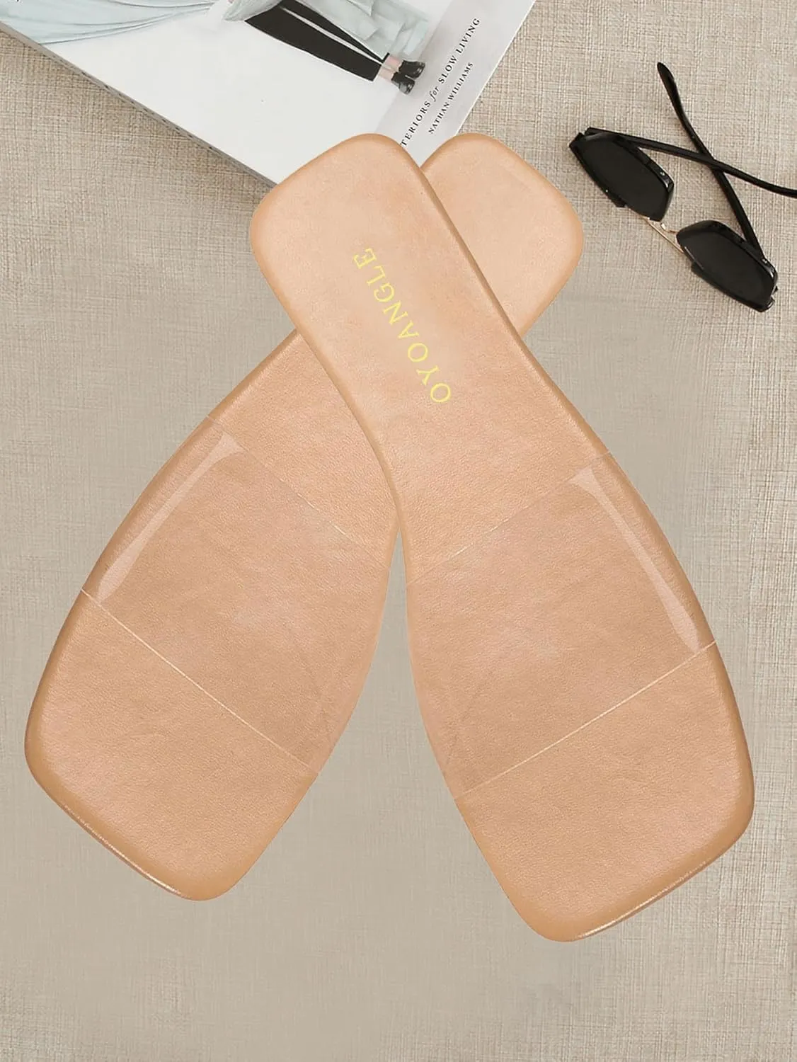 OYOANGLE Women's Clear Square Open Toe Sandals Pu Leather Flat Slide On Sandals Transparent Outdoor Slippers