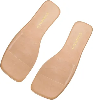 OYOANGLE Women's Clear Square Open Toe Sandals Pu Leather Flat Slide On Sandals Transparent Outdoor Slippers