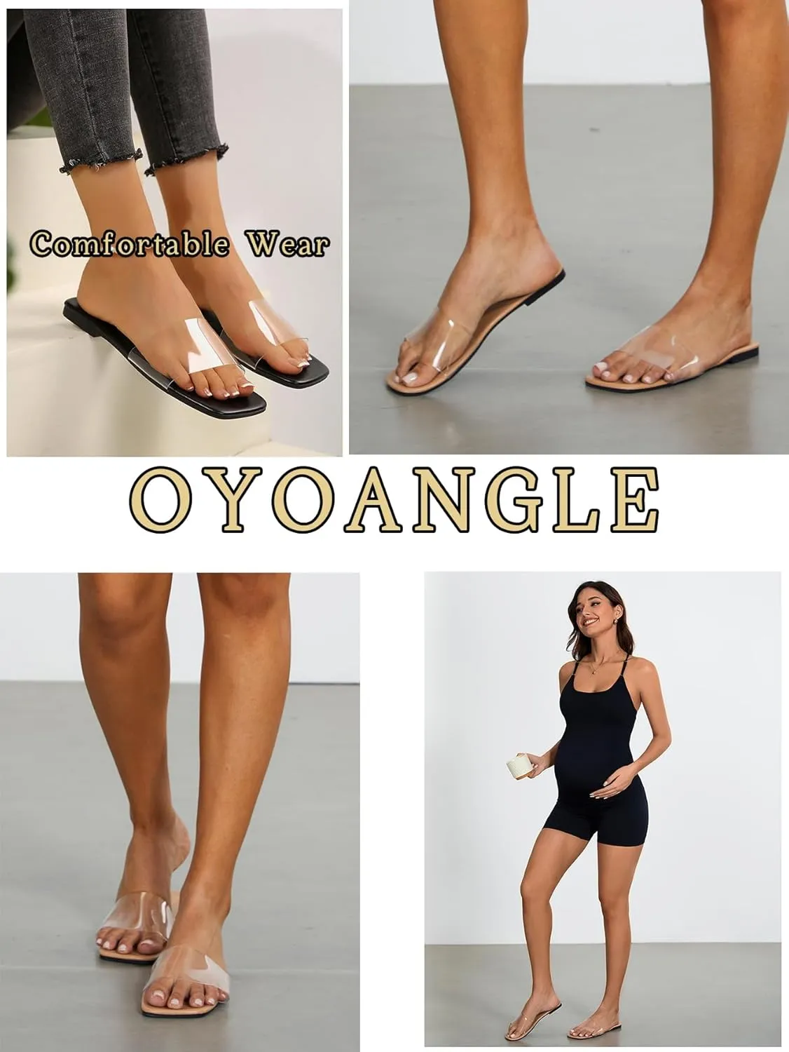 OYOANGLE Women's Clear Square Open Toe Sandals Pu Leather Flat Slide On Sandals Transparent Outdoor Slippers
