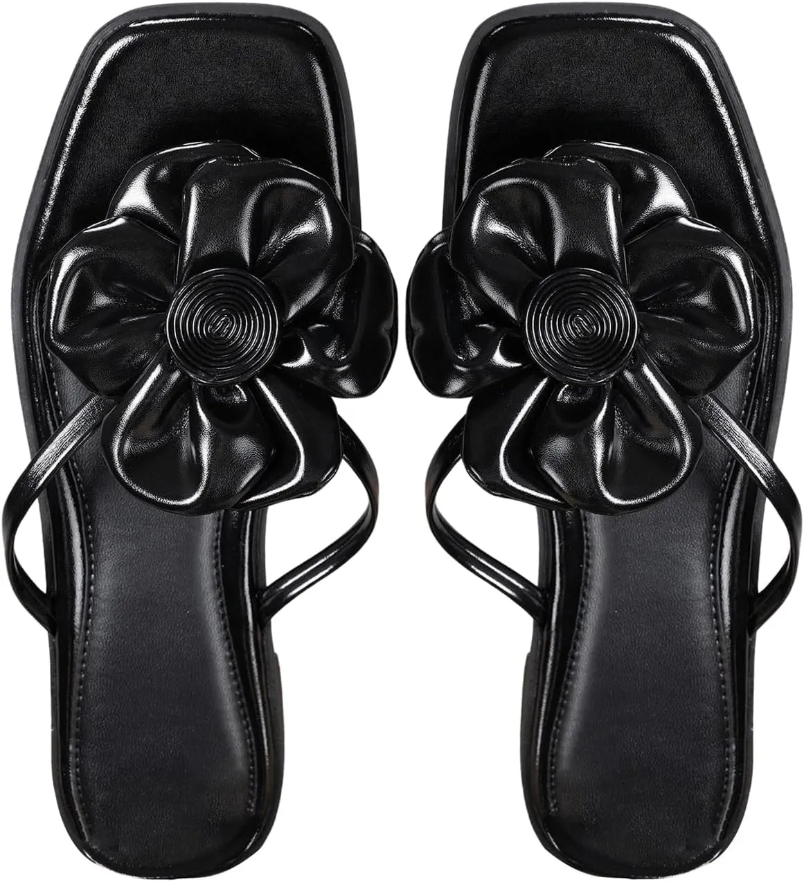 OYOANGLE Women's Leather 3D Flower Flat Sandals Square Open Toe Thong Sandals Elegant Flip Flops