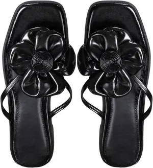 OYOANGLE Women's Leather 3D Flower Flat Sandals Square Open Toe Thong Sandals Elegant Flip Flops