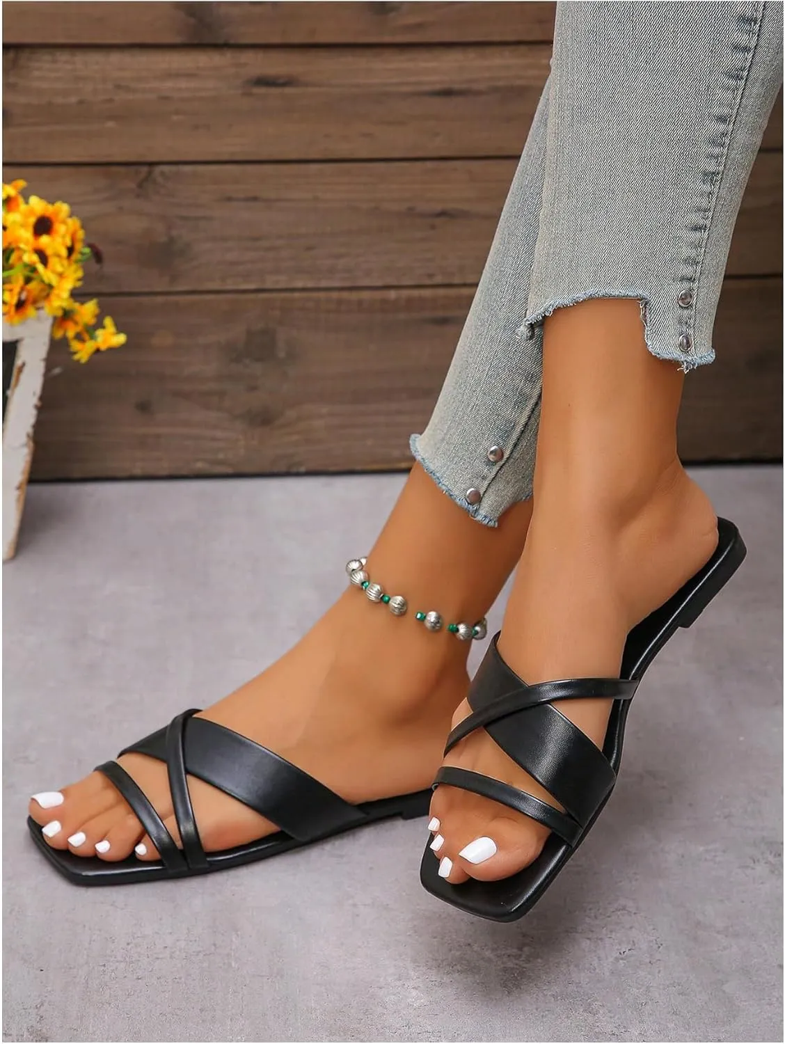 OYOANGLE Women's Leather Strappy Square Open Toe Flat Sandal Fashion Criss Cross Slip on Slide Sandals
