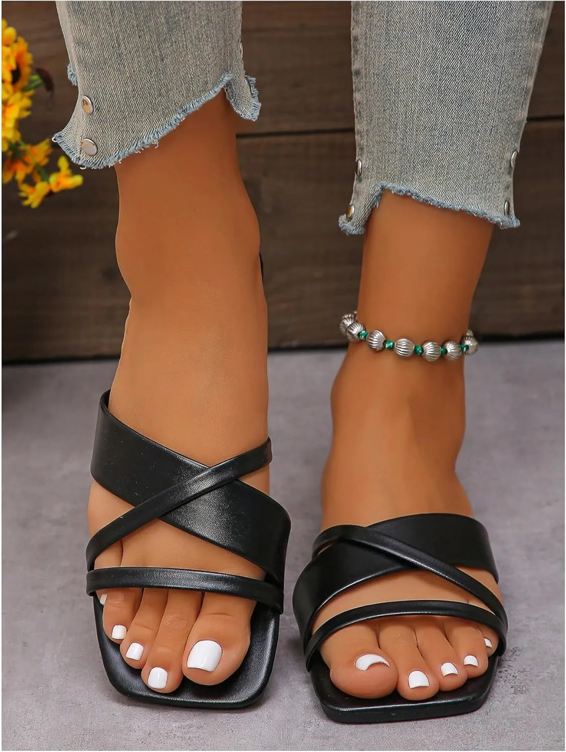 OYOANGLE Women's Leather Strappy Square Open Toe Flat Sandal Fashion Criss Cross Slip on Slide Sandals