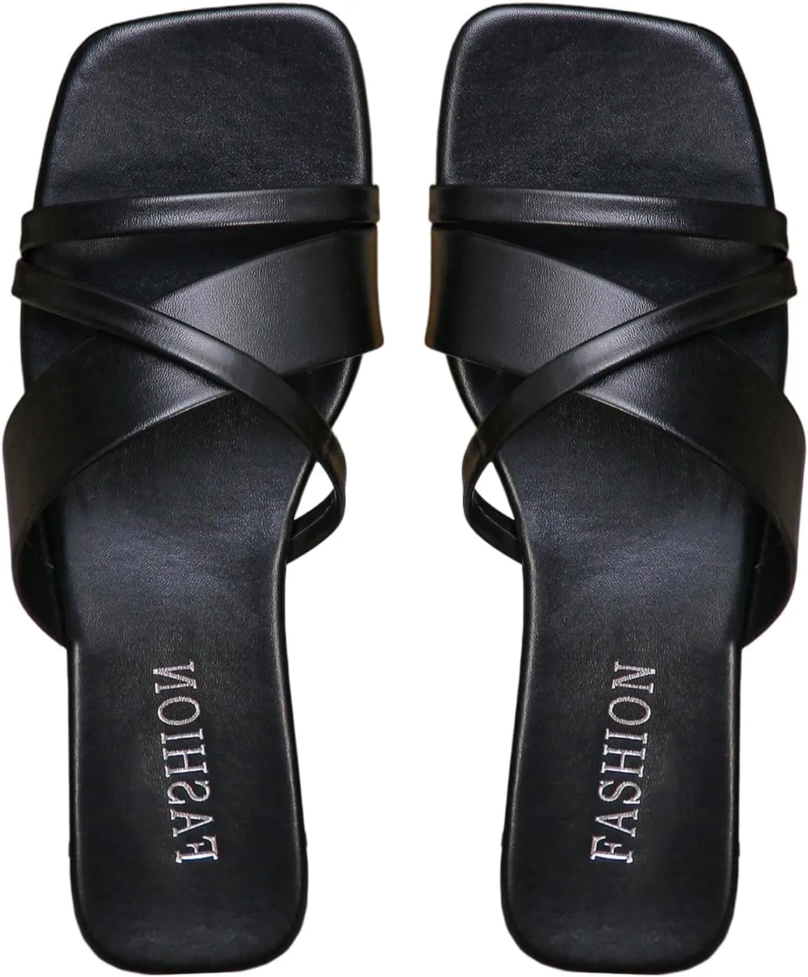 OYOANGLE Women's Leather Strappy Square Open Toe Flat Sandal Fashion Criss Cross Slip on Slide Sandals