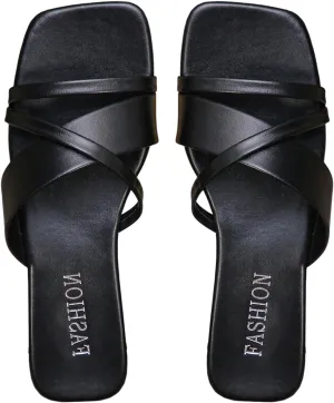 OYOANGLE Women's Leather Strappy Square Open Toe Flat Sandal Fashion Criss Cross Slip on Slide Sandals
