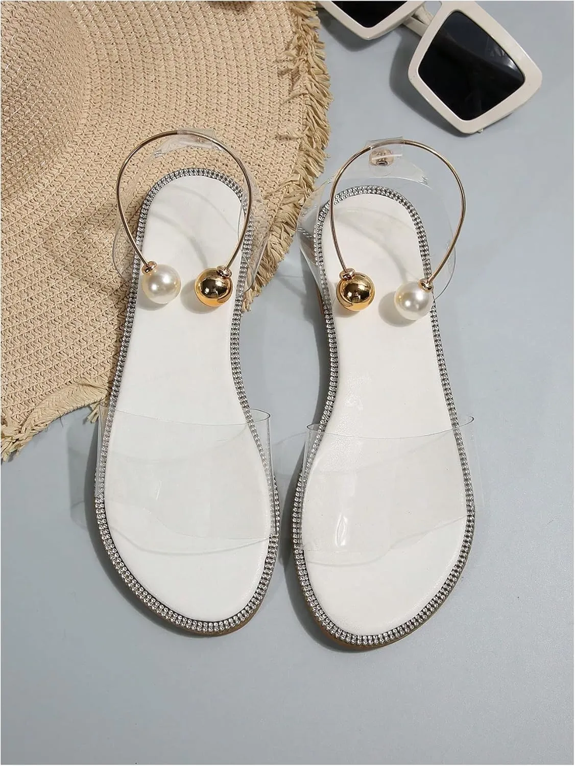 OYOANGLE Women's Pearl Decor Clear Straps Open Toe Flat Sandals Leather Outdoor Beach Sandals