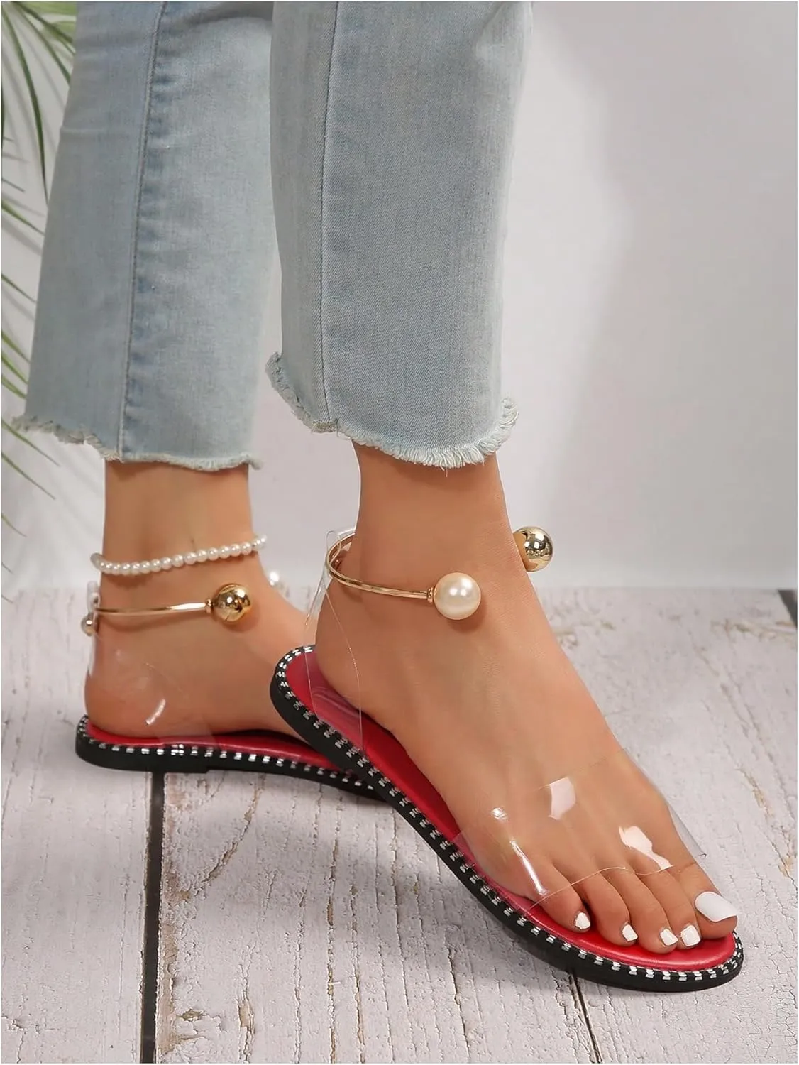 OYOANGLE Women's Pearl Decor Clear Straps Open Toe Flat Sandals Leather Outdoor Beach Sandals