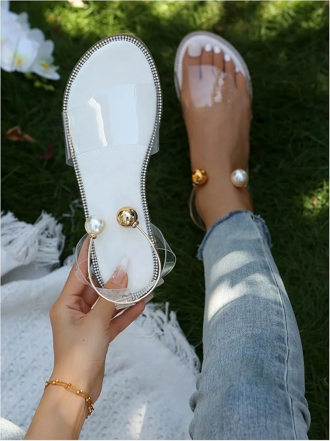 OYOANGLE Women's Pearl Decor Clear Straps Open Toe Flat Sandals Leather Outdoor Beach Sandals