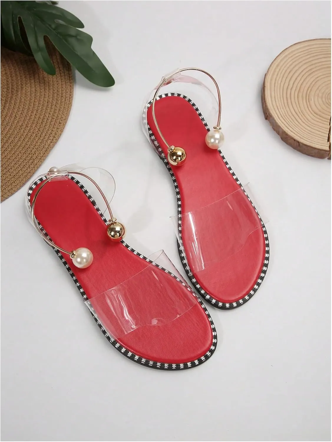 OYOANGLE Women's Pearl Decor Clear Straps Open Toe Flat Sandals Leather Outdoor Beach Sandals