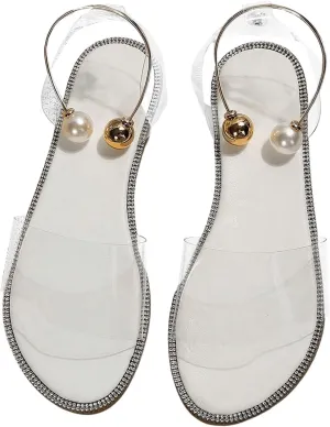 OYOANGLE Women's Pearl Decor Clear Straps Open Toe Flat Sandals Leather Outdoor Beach Sandals
