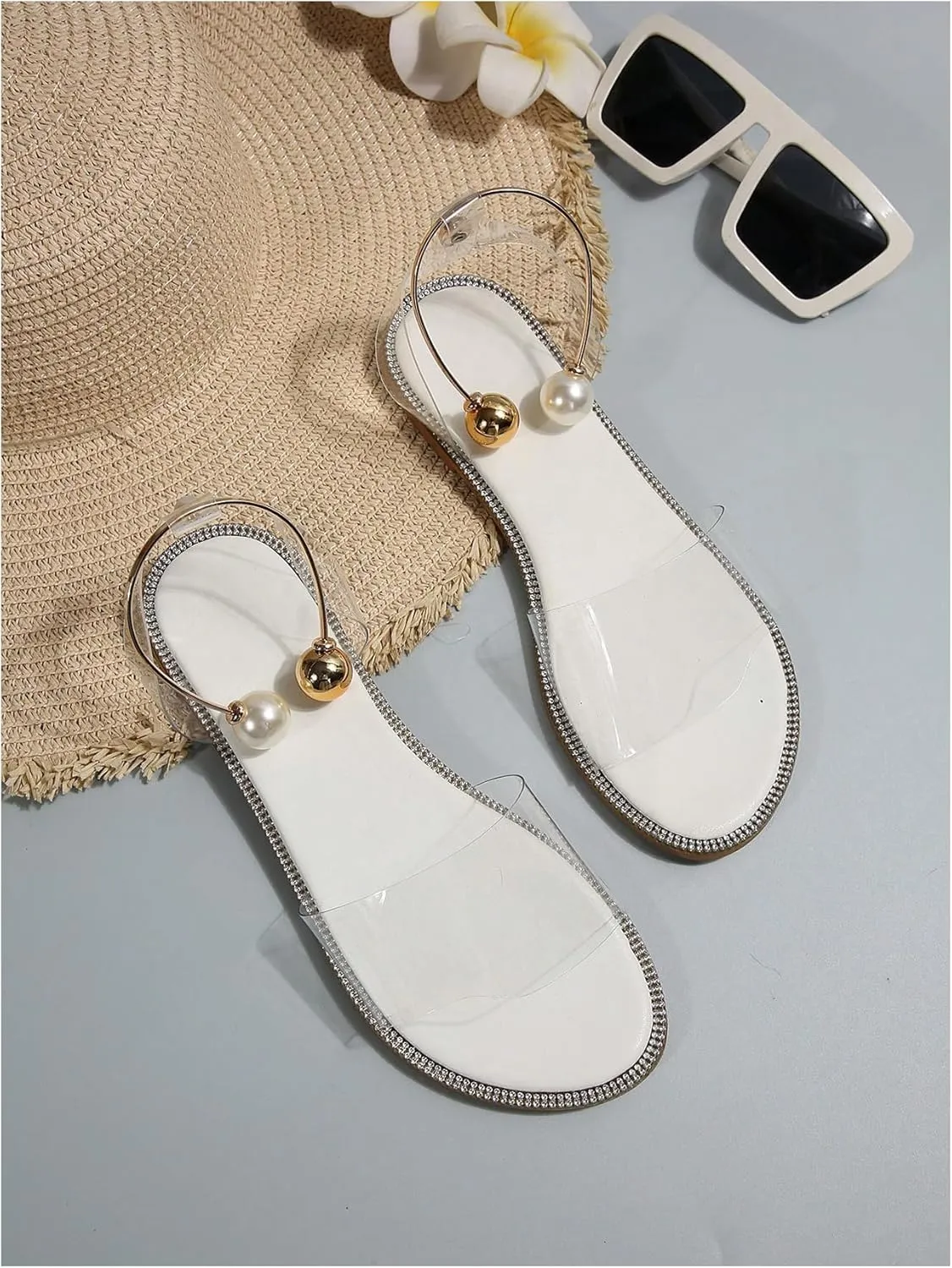 OYOANGLE Women's Pearl Decor Clear Straps Open Toe Flat Sandals Leather Outdoor Beach Sandals