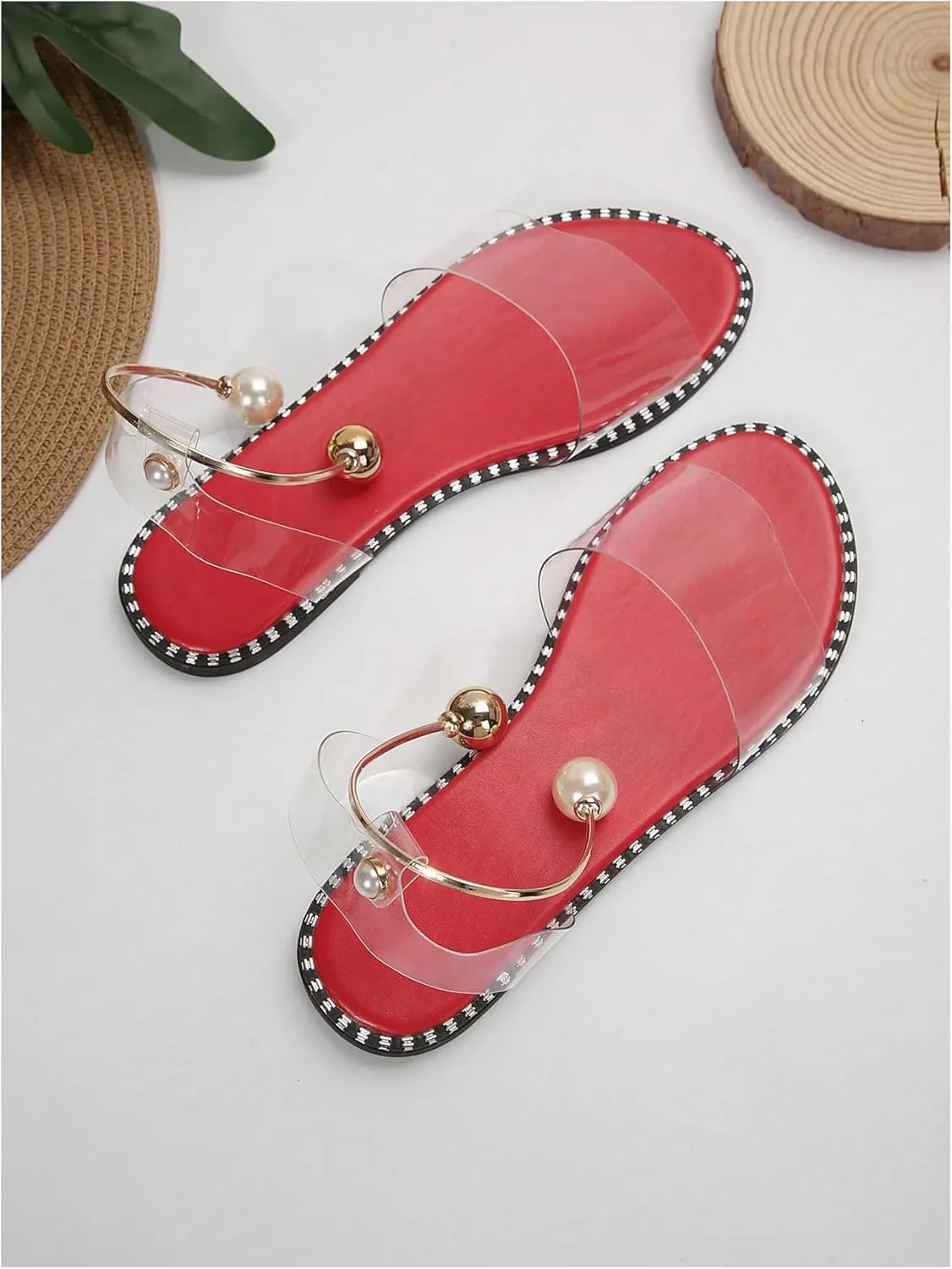OYOANGLE Women's Pearl Decor Clear Straps Open Toe Flat Sandals Leather Outdoor Beach Sandals