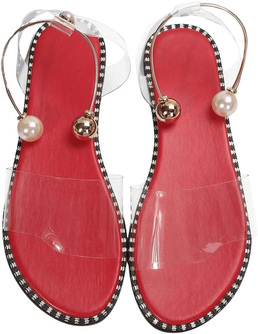 OYOANGLE Women's Pearl Decor Clear Straps Open Toe Flat Sandals Leather Outdoor Beach Sandals