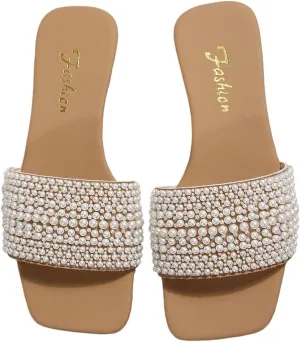 OYOANGLE Women's Pearl Decor Square Toe Sandals Leather Open Toe Flat Slip On Slides