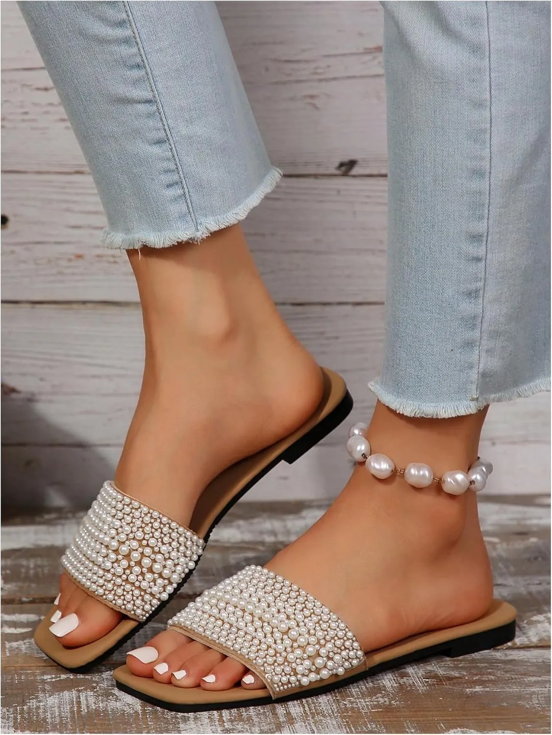 OYOANGLE Women's Pearl Decor Square Toe Sandals Leather Open Toe Flat Slip On Slides
