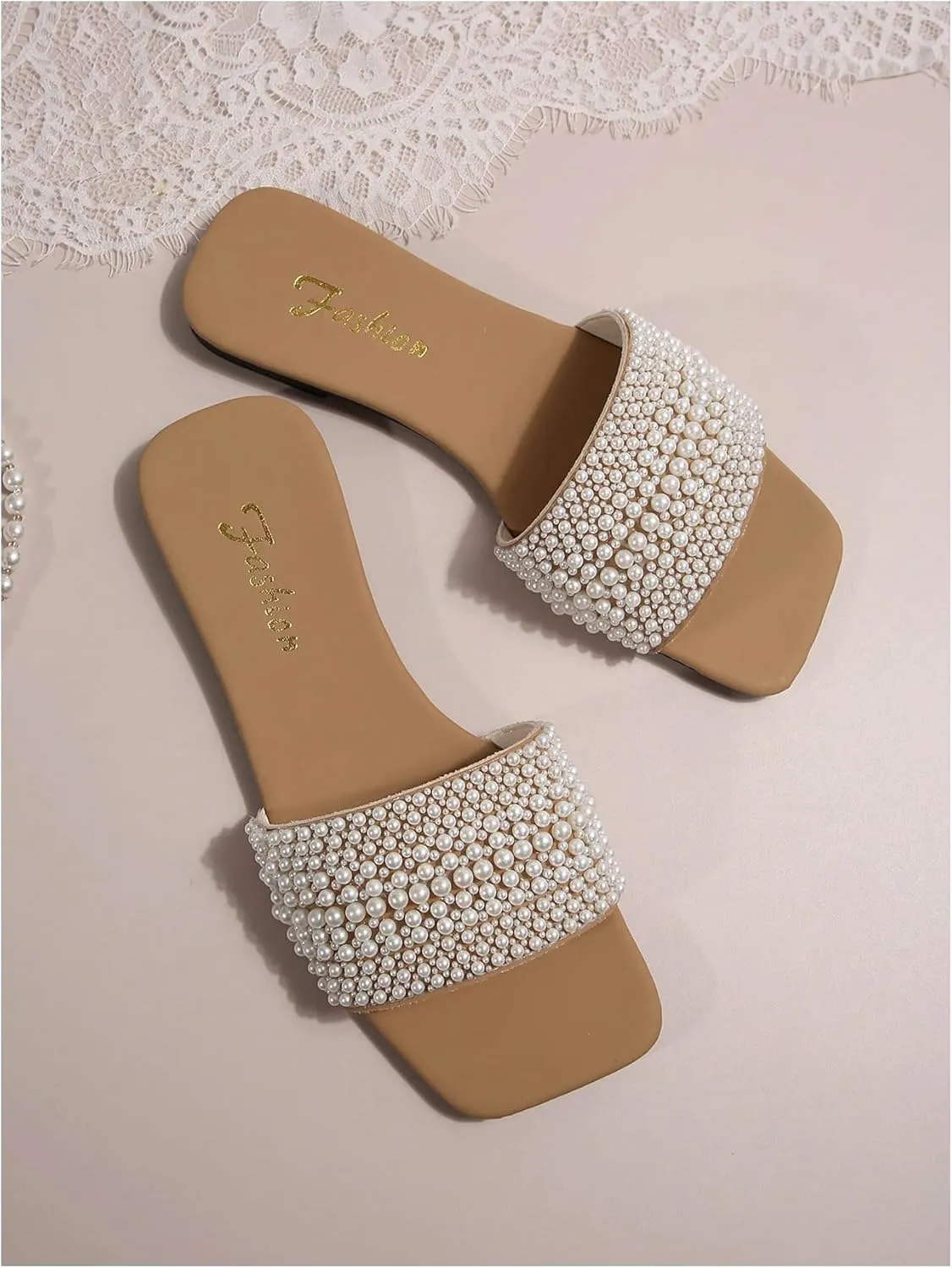 OYOANGLE Women's Pearl Decor Square Toe Sandals Leather Open Toe Flat Slip On Slides