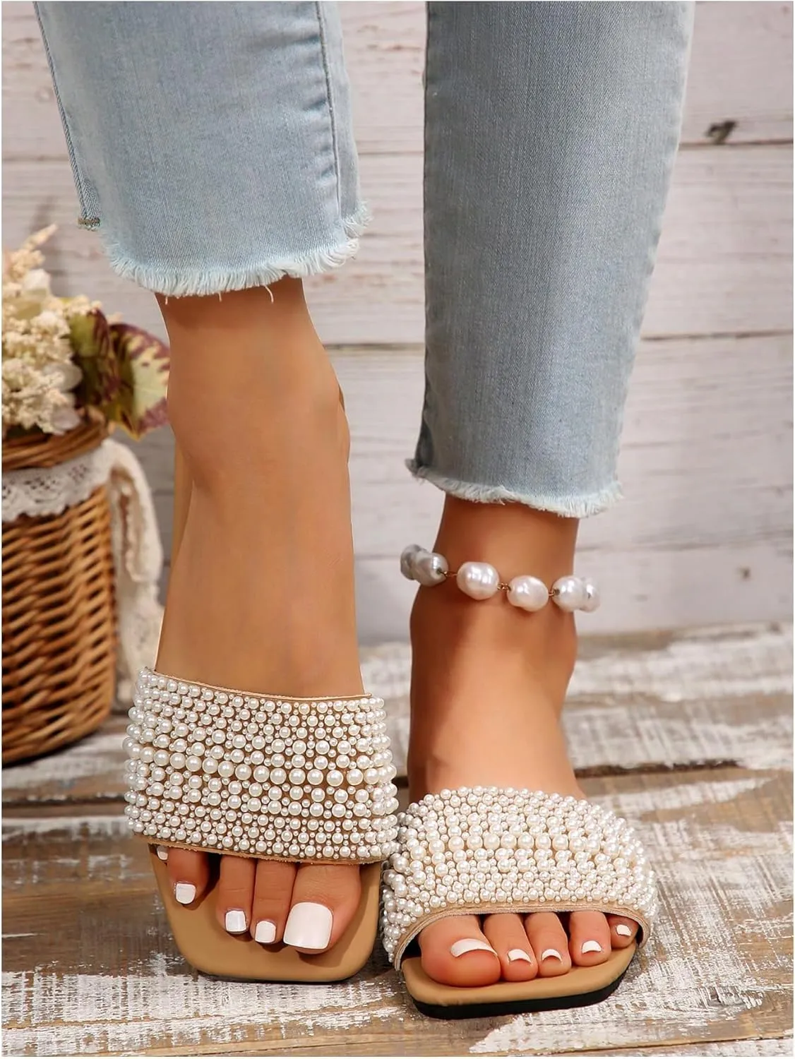OYOANGLE Women's Pearl Decor Square Toe Sandals Leather Open Toe Flat Slip On Slides